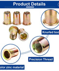 Close-up of color zinc rivnuts with knurled body and precision thread, part of Beast 14 Inch Rivet Nut Tool Kit With 8 Mandrels And 500 Rivnuts.