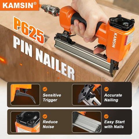 Light As A Feather 23 Gauge Pneumatic Pin Nailer For Cramped Spots With 10000 1 2 Inch Pins features sensitive trigger in use on wood