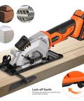 Compact Cordless Mini Circular Saw 20V Battery Powered With Blazing 3400 RPM Motor and Loaded 2.0 Ah Pack cutting through wood.