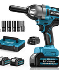 Cordless Half Inch Impact Wrench With 1600 Newton Meters Torque Brushless High Torque Pro Grade Power Tool 21V 3800 RPM Includes Two 4Ah Batteries Great For Cars Trucks RVs And Mowers, seen with accessories and batteries
