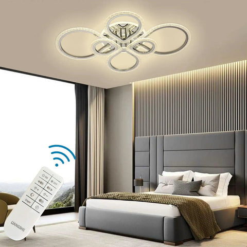 Six Ring LED Ceiling Light Fixture With Remote Control, Dimmable 3000K-6500K, Polished Chrome Finish in modern bedroom