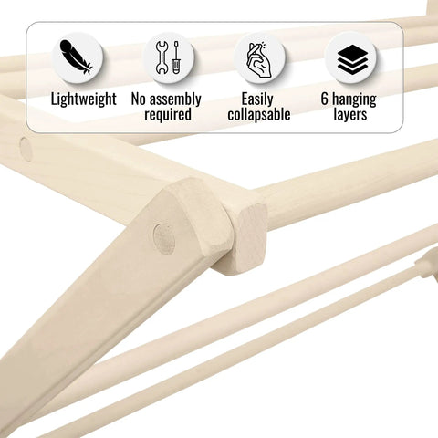 Detail of Badass Professional Grade Solid Maple Clothes Drying Rack highlighting its lightweight, collapsible wooden frame and layers.