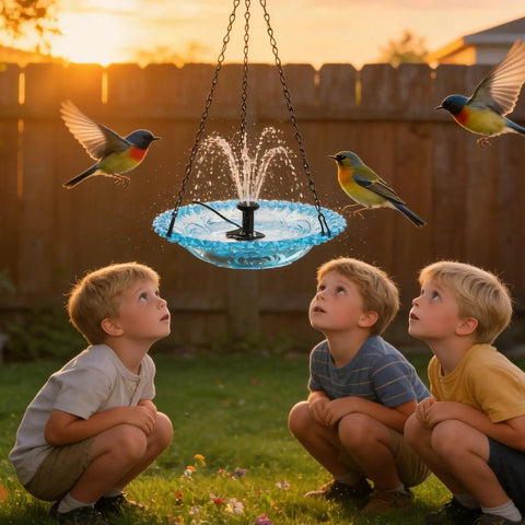 Children watch birds at a hanging bird bath fountain with glass bowl, USB powered cascading water feature for garden, patio, and yard décor.