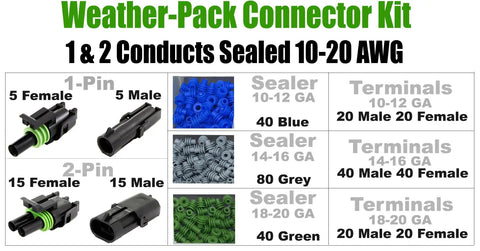 Cool Weather-Pack Series Kit With Heavy Duty 20 Amp Male Female Terminals For 12 And 10 Gauge Wires Plus Sealer Caps For Quick Disconnect Splices That Look Awesome, Weather-Pack connector kit