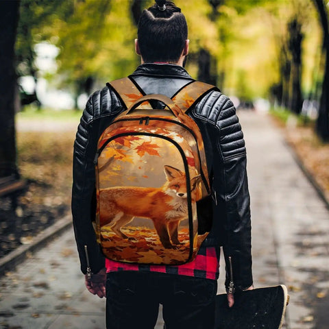Autumn Forest Pumpkin Fox Printed Unisex Backpack With Large Capacity For Everyday Use Made From Durable Polyester Breathable Daypack With Smooth Zipper And Easy Cleaning worn by a person