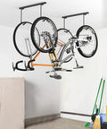 Ceiling Mounted Bike Rack For Garage With Space Saving Design, Holds 2 Bikes Horizontally Or 4 Vertically, Adjustable Front Wheel Hooks