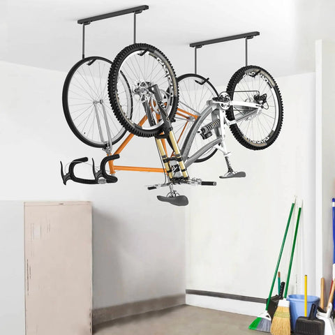 Ceiling Mounted Bike Rack For Garage With Space Saving Design, Holds 2 Bikes Horizontally Or 4 Vertically, Adjustable Front Wheel Hooks