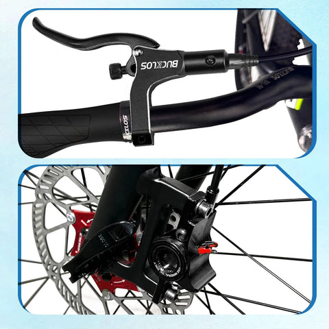 Bucklos MTB hydraulic disc brake set with aluminum alloy levers; front left handlebar lever and front disc caliper with rotor