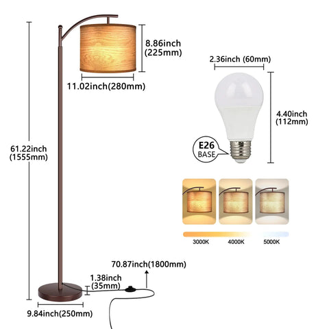 Diagram of tall industrial floor lamp with LED 9W bulb, wood grain shade, oil rubbed bronze finish, foot switch, 3 color temperatures.