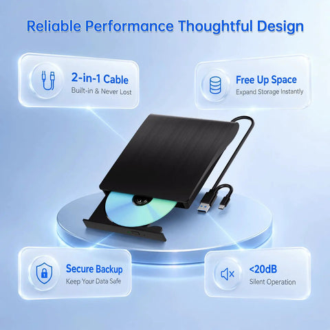 Ultra Portable External Blu Ray Drive With USB 3.0 And Type C For Mac And Windows, No Fuss Plug And Play, Fast 6X Blu Ray, 8X DVD, 24X CD Read Write, Up To 5Gbps USB Speed, Lightweight 0.9 Pound, Ready To Roll. Black USB-C Blu-ray drive with built-in 2-in-1 cable and disc