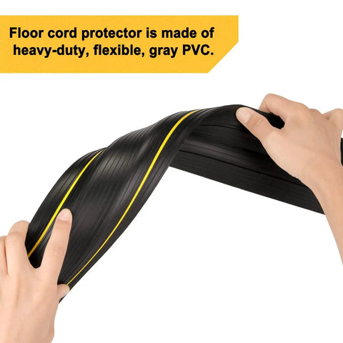 Hands bending Heavy Duty Floor Cable Cover Protector made of gray PVC with three channels for safe cord protection.