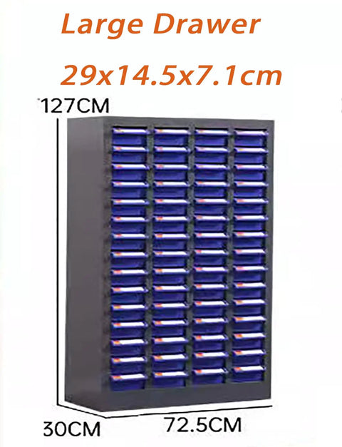Tough As Nails Heavy Duty Parts Sorting Cabinet With Smooth Gliding Lockable Drawers For Shop Grind features large blue drawers.