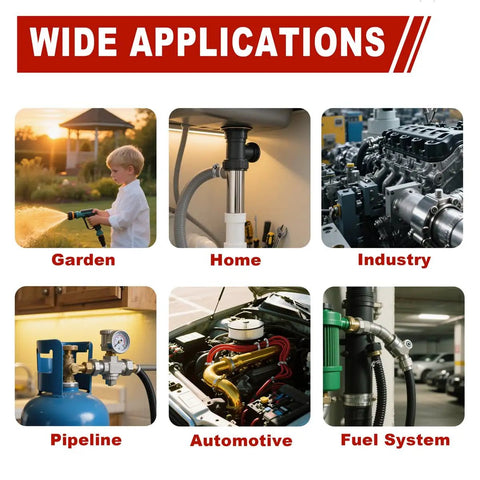 Wide applications of 202 Piece Hose Clamp Assortment Kit with Adjustable Stainless Steel Worm Gear Clamps shown in various settings