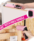 Pink 75-Piece Tool Set With Rotatable Cordless Screwdriver 3.7V in use on a wood panel for DIY projects