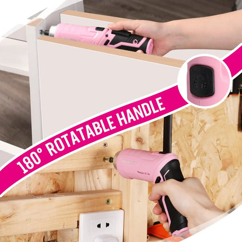 Pink 75-Piece Tool Set With Rotatable Cordless Screwdriver 3.7V in use on a wood panel for DIY projects