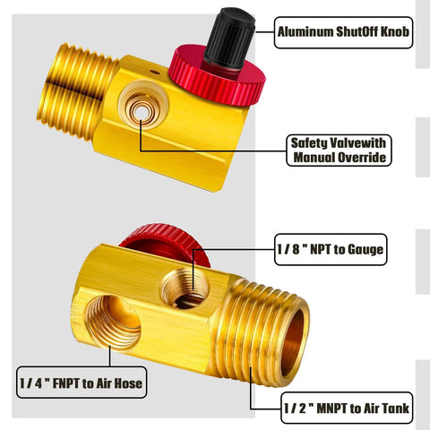 Air Tank Repair Kit With 0-200 PSI Gauge, Safety Valve, Aluminum manifold with labeled shut off knob, black finish