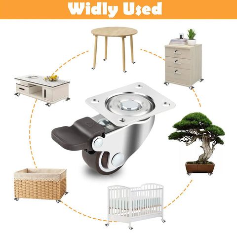Low Profile Caster Wheels Set Of Four Heavy Duty Swivel Casters With Two Locking Brakes And Quiet Rubber Treads for furniture including tables and cabinets.