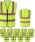 High Visibility Neon Safety Vest Pack Of 10 With Zipper And Reflective Strips, Size L, Breathable 100 Percent Polyester Construction Gear