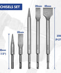Workpro 5-piece SDS-Plus drill bit and chisel set, front view, carbide-tipped masonry bits and chisels.