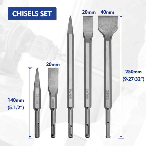 Workpro 5-piece SDS-Plus drill bit and chisel set, front view, carbide-tipped masonry bits and chisels.