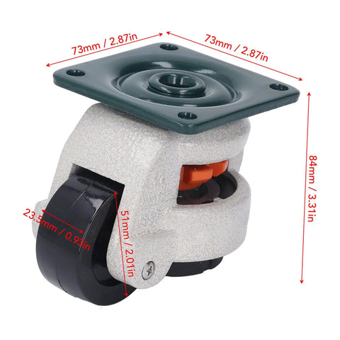 Heavy Duty 2200 Lbs Retractable Caster Wheels With 360 Degree Swivel And Custom Height Adjustability For Workbenches Furniture And Lab Gear close-up, showing dimensions and design details.