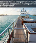 Stainless steel tubing railing along a luxury yacht deck with wood planks and white seating.