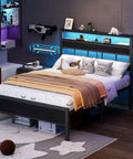 Heavy Duty Full Size Bed Frame With Smart RGB LED Lights App Control Storage Headboard Built In USB Chargers Black Oak Finish in modern bedroom setup.