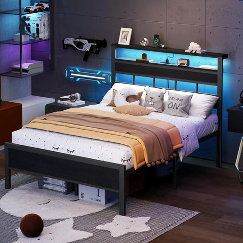 Heavy Duty Full Size Bed Frame With Smart RGB LED Lights App Control Storage Headboard Built In USB Chargers Black Oak Finish in modern bedroom setup.