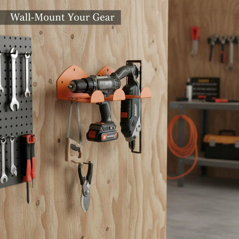 Orange Metal Wall Mounted Tool Rack For Small Garages, holding power drills and tools, mounted on wooden wall, 1 Pack