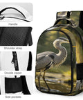 Forest Pond Grey Heron Print Unisex Backpack With Large Capacity For Daily Commute And School, shown with zipper and strap details.