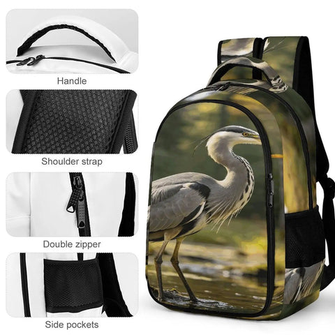 Forest Pond Grey Heron Print Unisex Backpack With Large Capacity For Daily Commute And School, shown with zipper and strap details.
