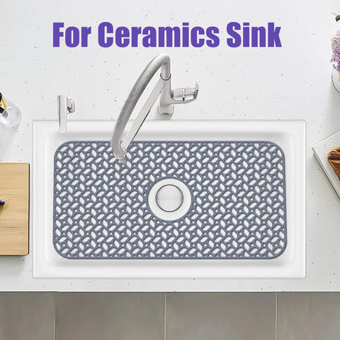 Non Slip Silicone Sink Protector Mat For Kitchen, Heat Resistant Grid Design With Center Drain, Keeps Glassware Safe, Gray