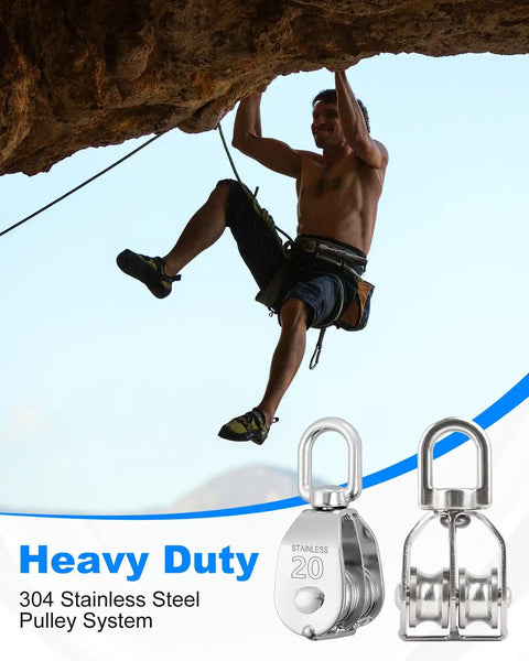 4 Pack M20 Stainless Steel Wire Rope Crane Double Pulley Block for Lifting and Hoisting Heavy Duty Rustproof Corrosion Resistant 360 Degree Rotation Rugged Block System for Tough Jobs, 304 stainless steel