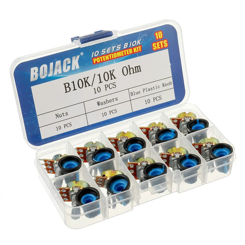 10K Ohm Knurled Shaft Rotary Potentiometer Kit For DIY Electronics 10 Pieces With 3 Terminals Linear Taper Carbon Film Variable Resistors And Blue Knobs Perfect For Precise Volume Tone Control In Custom Wiring Projects displayed in clear case