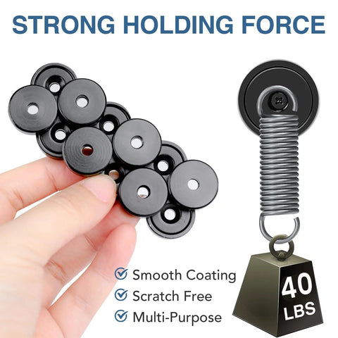 Hand holding Neodymium Cup Magnets With Center Holes, Beefy 40-Pound Pull, black smooth coating and weight illustration