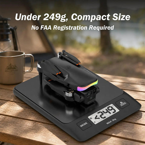 1080P Camera Drone With Built In Screen For Beginners on scale showing under 249g, compact design, no FAA registration needed