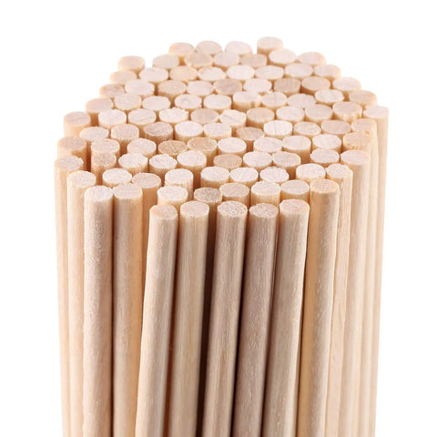 Premium Unfinished Wood Dowel Rods 1/8 Inch Diameter By 12 Inches Long stacked in a round bundle, showcasing smooth birch wood surface.