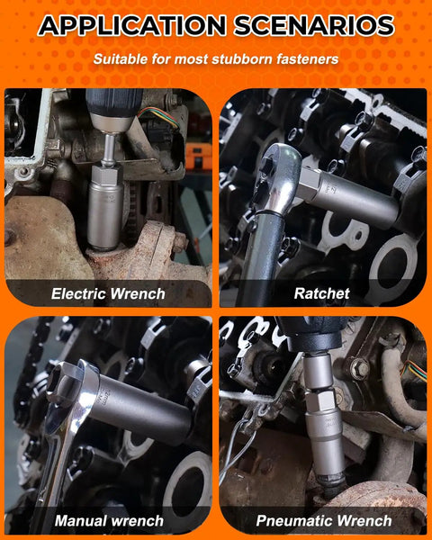 Application scenarios for 16 Piece Deep Bolt Extractor Set for Impact Drivers showing electric, ratchet, manual, pneumatic use