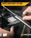 Hand using Pro Grade Precision Adjustable Knife Sharpener With 7 Abrasives Including Diamond And Ceramic Leather Strop Beefed Up 15 To 30 Degree Angles Built For Hunting Serrated And Kitchen Knives, close-up view.