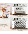 Comparison of lighting effects on a child reading and a shelf seen through a phone, emphasizing eye protection.