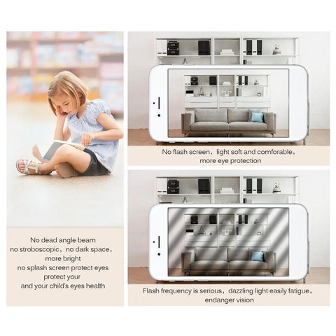 Comparison of lighting effects on a child reading and a shelf seen through a phone, emphasizing eye protection.