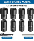 Pro Grade Seventeen Piece Bolt Extractor Set With Wheel Lock Removal Kit And One Half Inch Drive Lug Nut Removers, socket sizes shown.
