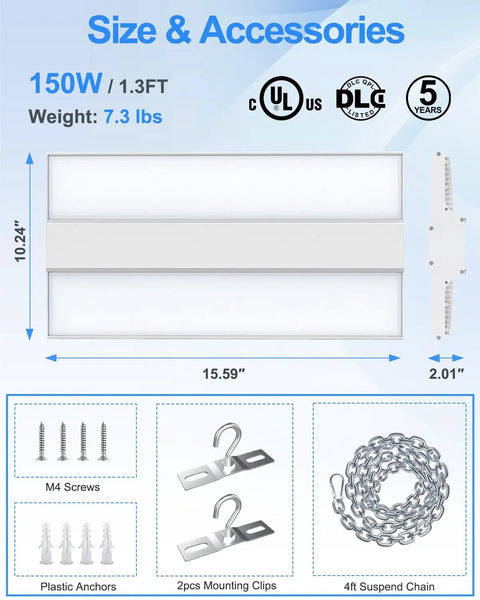 Adjustable Wattage LED High Bay Light 150W 120W 90W, 1.3Ft Linear Hanging Warehouse Lamp accessories and size view