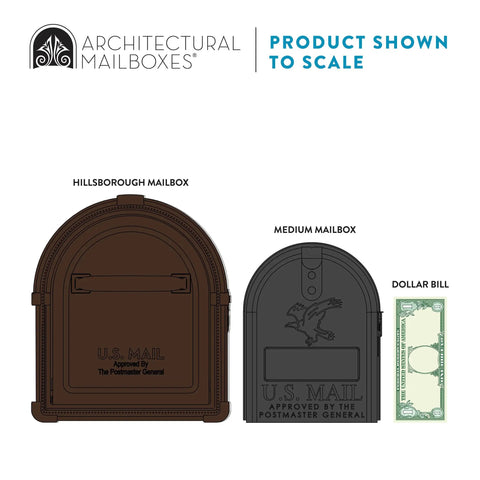 Hillsborough Heavy Duty Copper Post Mounted Mailbox For Outdoor Use With Rust Resistant Steel Construction shown next to medium mailbox