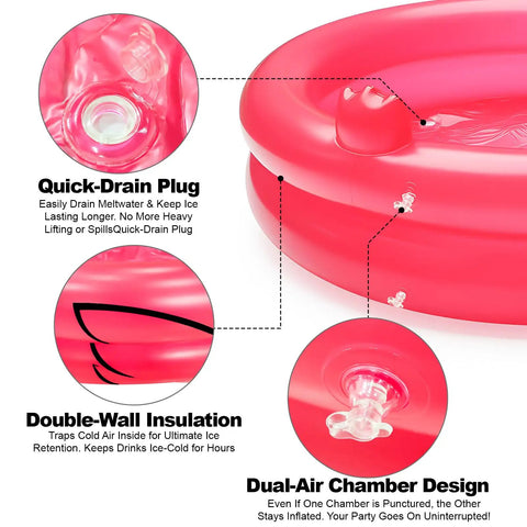 Close-up of Flamingo Inflatable Cooler For Pool Parties And Beach Luau Decor Holds Over 130 Cans 19 Gallons With Bottom Quick Drain