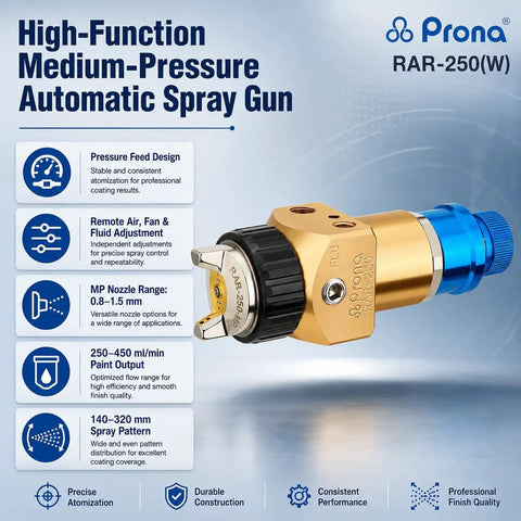 Heavy Duty Automatic Spray Gun With 1.2Mm Nozzle And Pressure Feed System featuring brass and blue components for robotic arm use.