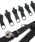 Black zipper repair kit with replacement slider and teeth for jackets, bags, jeans, and luggage. Instant fix shown close-up.