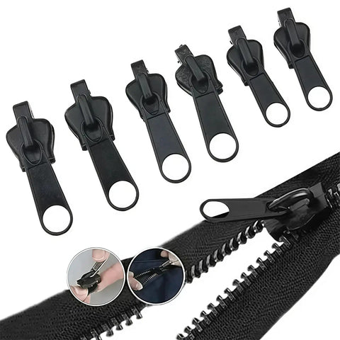 Black zipper repair kit with replacement slider and teeth for jackets, bags, jeans, and luggage. Instant fix shown close-up.