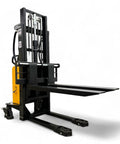 Semi Electric Thin Leg Pallet Stacker Built Like A Tank To Move Up To 3307 Lbs Loads With Quick 78 Inch Lift Height side view with forks up