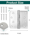 Top Shelf Heavy Duty 304 Stainless Steel Door Hinges 3 Pack 4x4 Inch with installation screws and corner details.